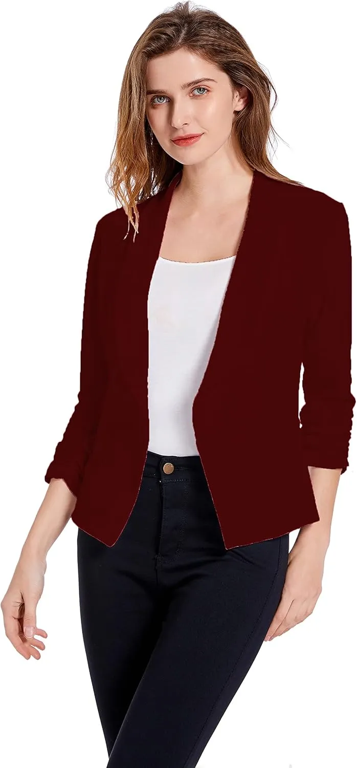 Women's Soft Stretchy Lightweight Cardigan Blazer One Button 3/4 Ruched Sleeve Business Casual Blazer Jackets