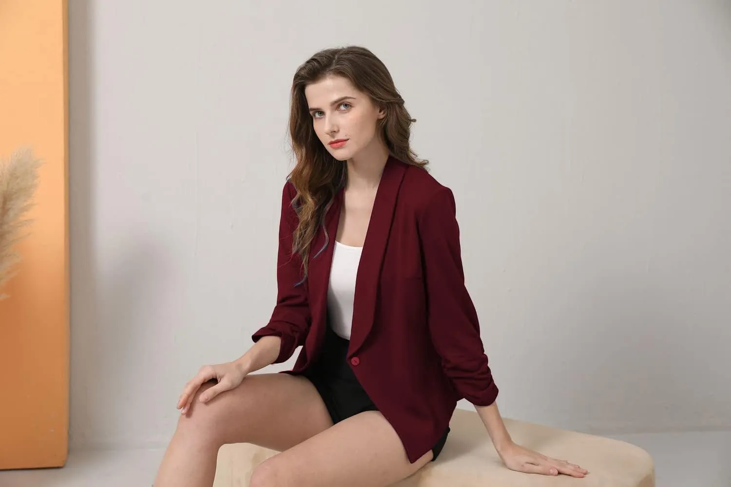 Women's Soft Stretchy Lightweight Cardigan Blazer One Button 3/4 Ruched Sleeve Business Casual Blazer Jackets