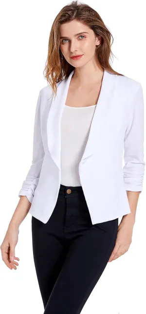 Women's Soft Stretchy Lightweight Cardigan Blazer One Button 3/4 Ruched Sleeve Business Casual Blazer Jackets