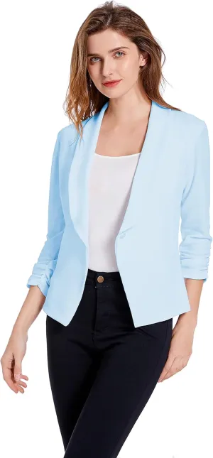 Women's Soft Stretchy Lightweight Cardigan Blazer One Button 3/4 Ruched Sleeve Business Casual Blazer Jackets