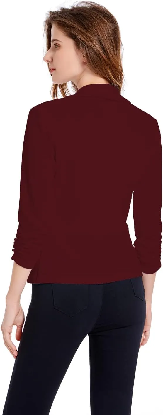 Women's Soft Stretchy Lightweight Cardigan Blazer One Button 3/4 Ruched Sleeve Business Casual Blazer Jackets