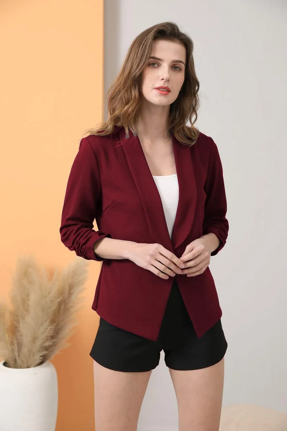 Women's Soft Stretchy Lightweight Cardigan Blazer One Button 3/4 Ruched Sleeve Business Casual Blazer Jackets