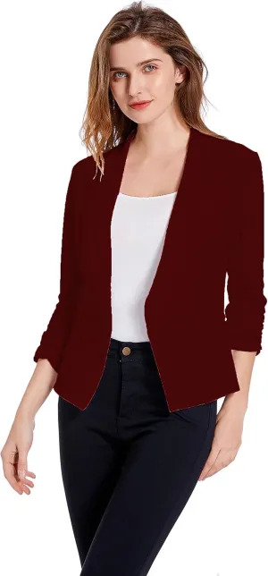 Women's Soft Stretchy Lightweight Cardigan Blazer One Button 3/4 Ruched Sleeve Business Casual Blazer Jackets