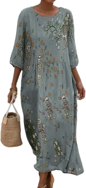 Women's Summer Boho Floral Short Sleeve Crewneck Midi Dress Casual Loose Colorful Beach Vacation Tshirt Dress
