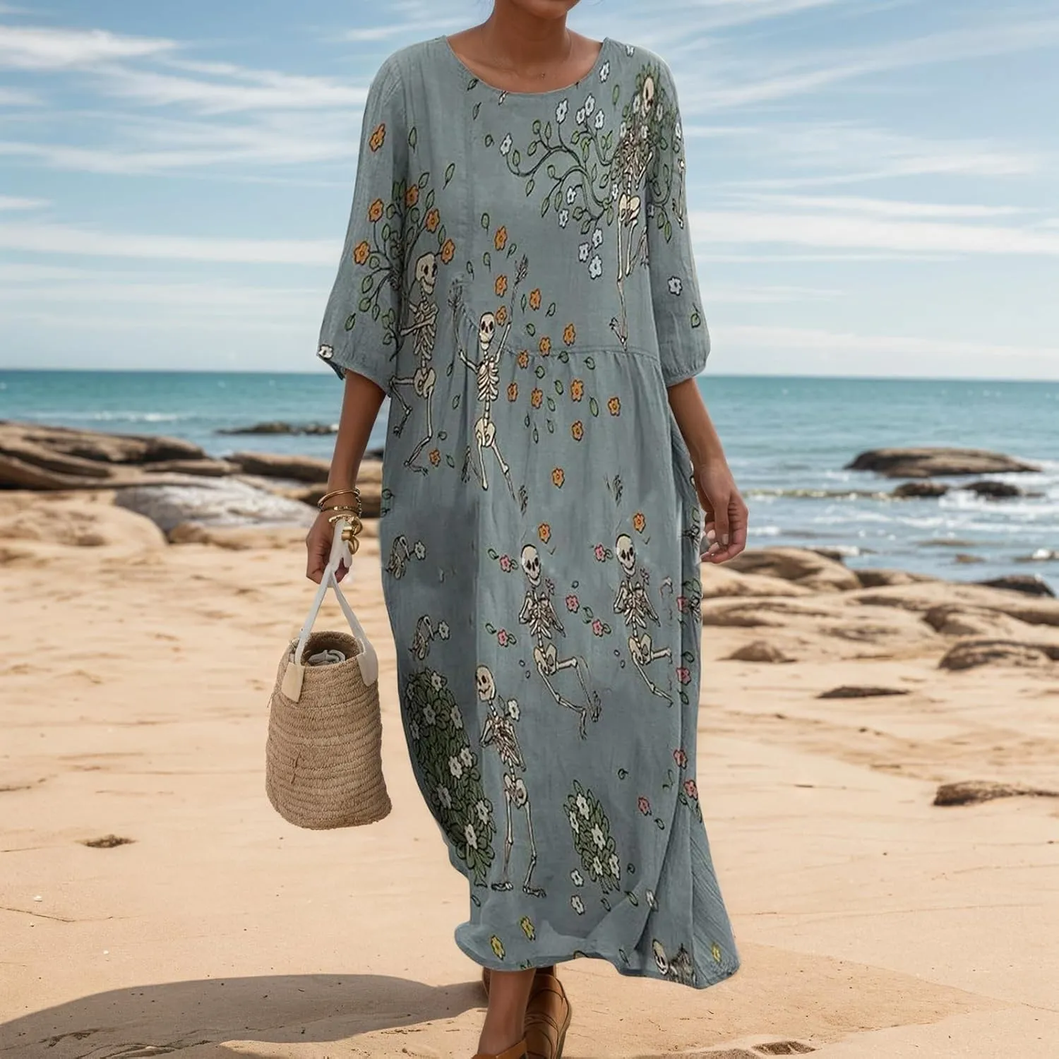 Women's Summer Boho Floral Short Sleeve Crewneck Midi Dress Casual Loose Colorful Beach Vacation Tshirt Dress