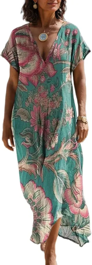 Women's Summer Boho Floral V-Neck Short Sleeve Maxi Dress Casual Loose Slit Hem Beach Vacation Tshirt Dress