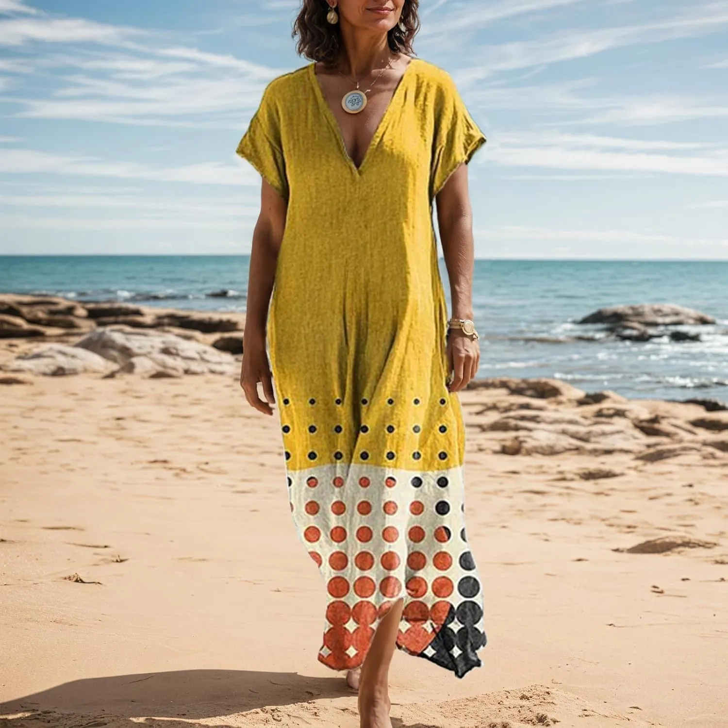Women's Summer Boho Floral V-Neck Short Sleeve Maxi Dress Casual Loose Slit Hem Beach Vacation Tshirt Dress