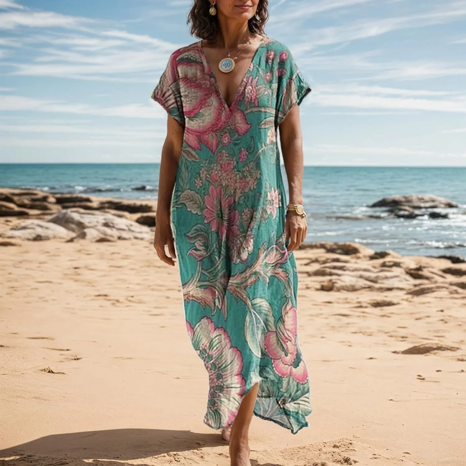 Women's Summer Boho Floral V-Neck Short Sleeve Maxi Dress Casual Loose Slit Hem Beach Vacation Tshirt Dress