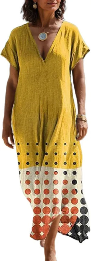 Women's Summer Boho Floral V-Neck Short Sleeve Maxi Dress Casual Loose Slit Hem Beach Vacation Tshirt Dress