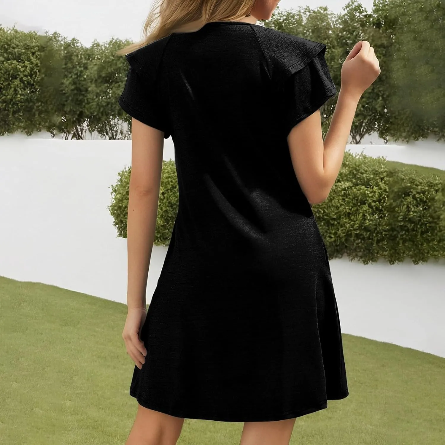 Women's Summer Dresses 2025 Ruffle Sleeve V Neck A Line Fit Sundresses Casual Beach Vacation Mini Skirt with Pockets