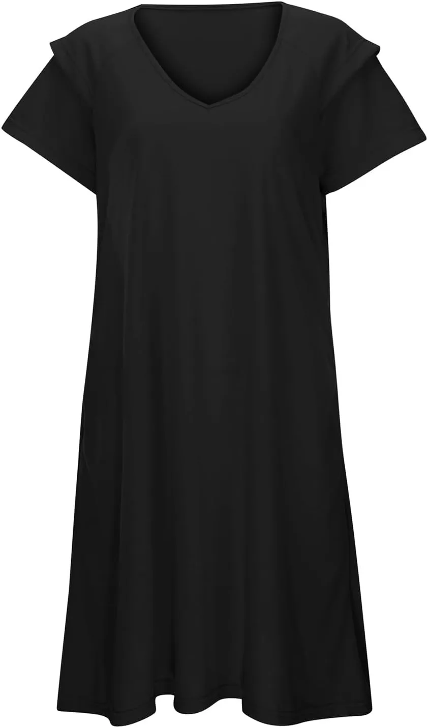 Women's Summer Dresses 2025 Ruffle Sleeve V Neck A Line Fit Sundresses Casual Beach Vacation Mini Skirt with Pockets