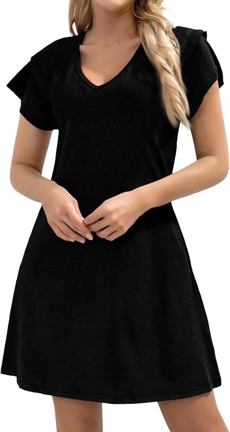 Women's Summer Dresses 2025 Ruffle Sleeve V Neck A Line Fit Sundresses Casual Beach Vacation Mini Skirt with Pockets
