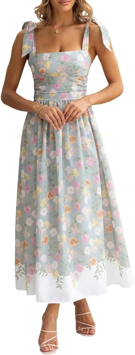 Women's Summer Floral Corset Dress High Waist Slim Fit Adjustable Shoulder Strap Elegant Flowy Midi Dresses