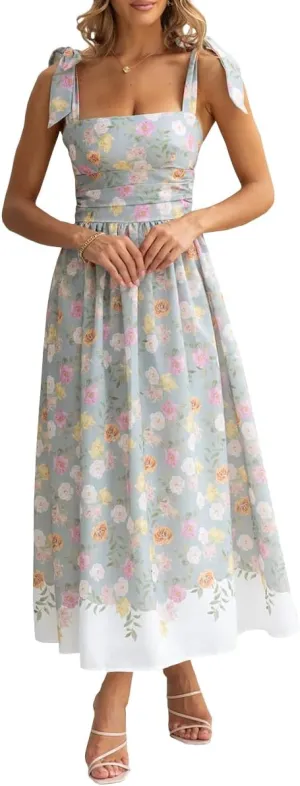 Women's Summer Floral Corset Dress High Waist Slim Fit Adjustable Shoulder Strap Elegant Flowy Midi Dresses