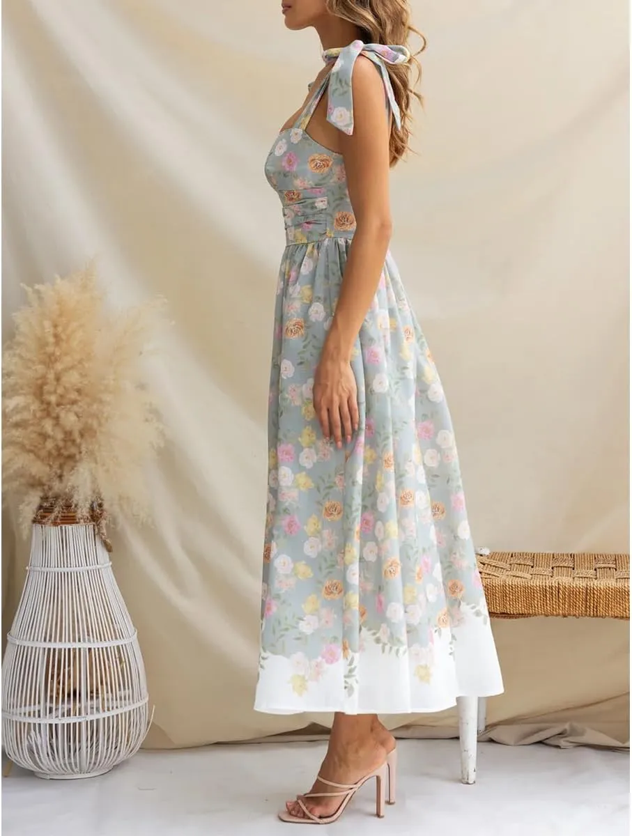 Women's Summer Floral Corset Dress High Waist Slim Fit Adjustable Shoulder Strap Elegant Flowy Midi Dresses