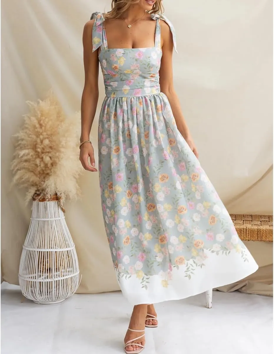 Women's Summer Floral Corset Dress High Waist Slim Fit Adjustable Shoulder Strap Elegant Flowy Midi Dresses