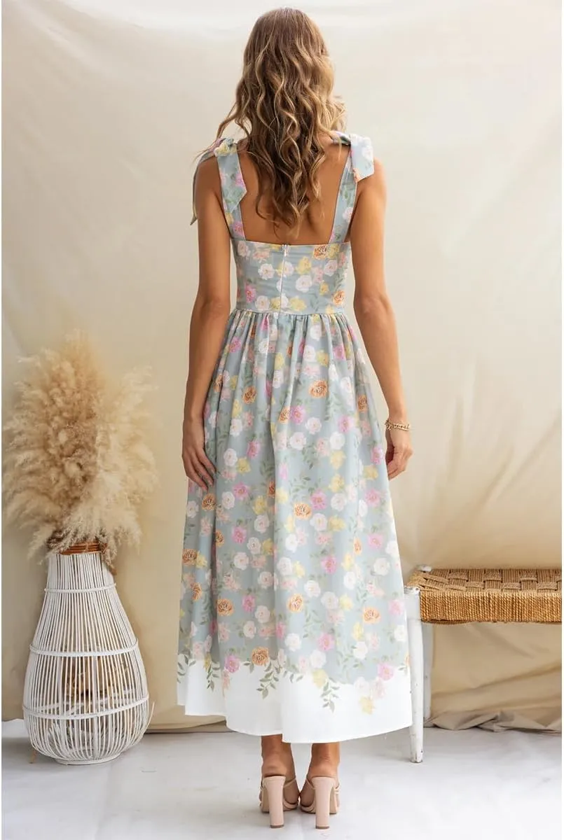 Women's Summer Floral Corset Dress High Waist Slim Fit Adjustable Shoulder Strap Elegant Flowy Midi Dresses