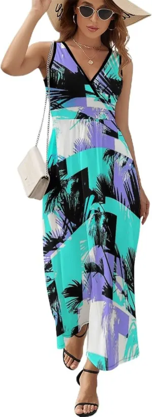 Women's Summer V Neck Sleeveless Flower Maxi Sundress Casual Flowy Beach Tank Dress