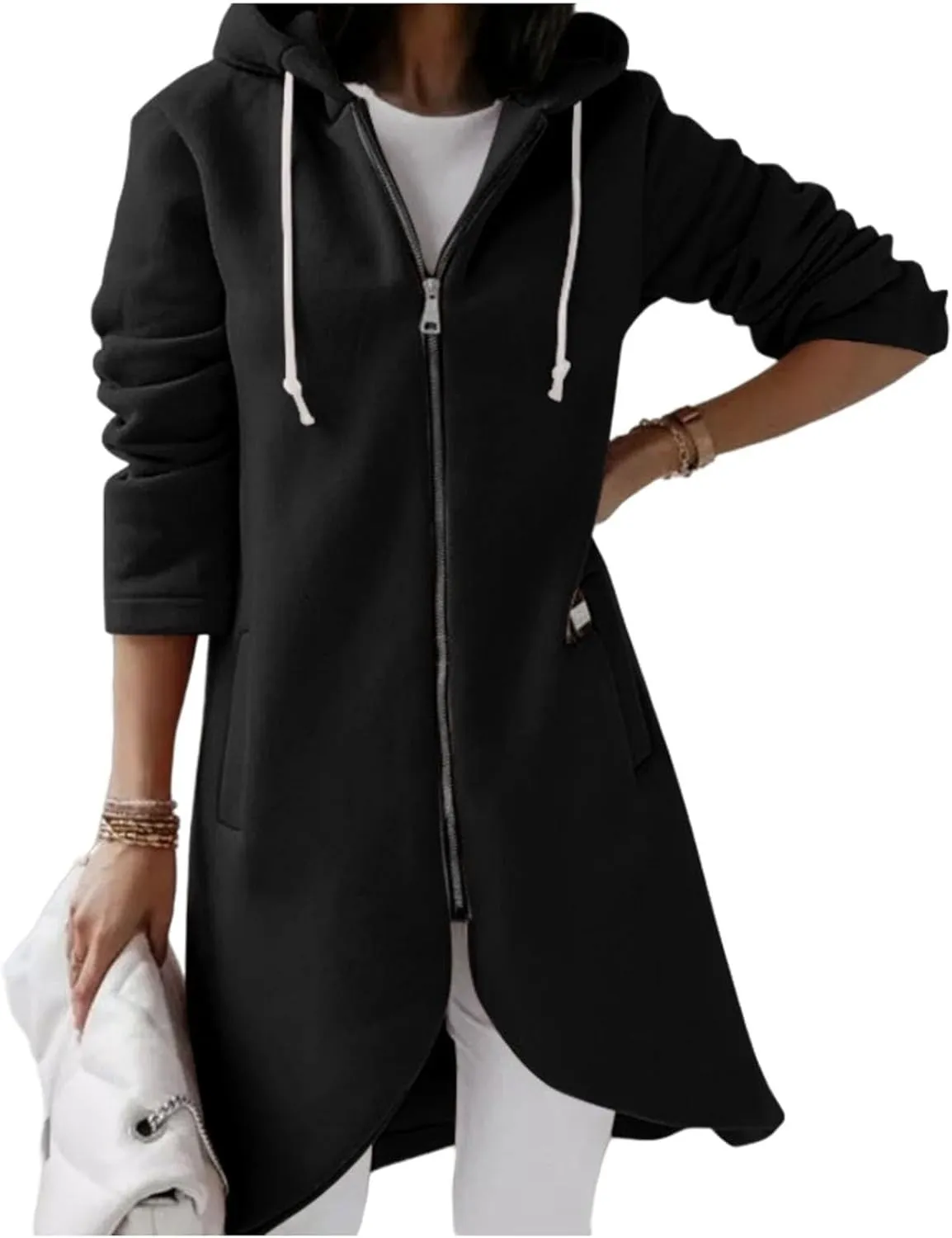 Womens Zip Up Hoodie Trendy Drawstring Oversized Long Hooded Sweatshirts Cute Tunic Irregular Hem Jackets Loose Coats