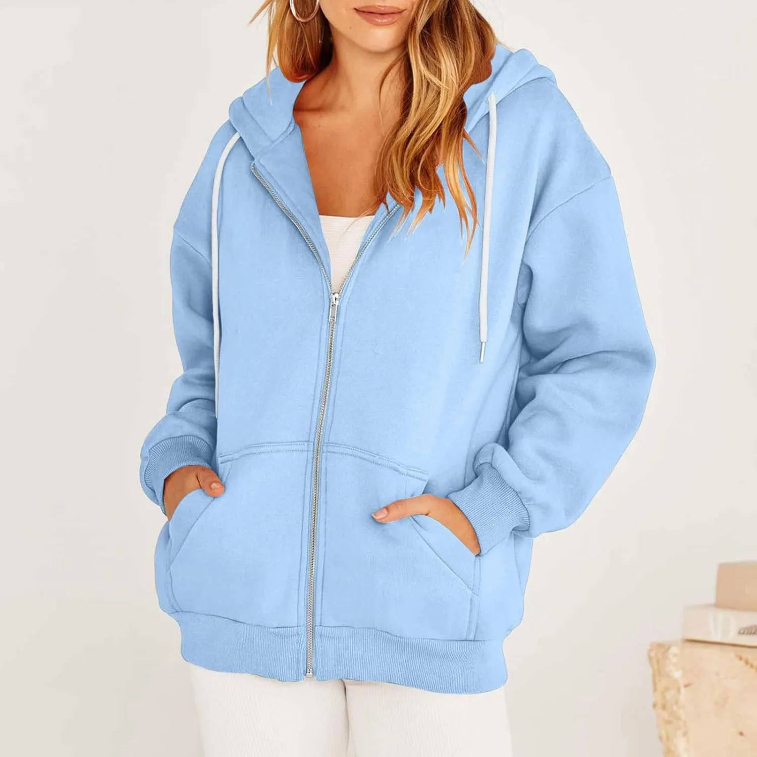 Womens Zip Up y2k Hoodies Fall Fashion Oversized Long Sleeve Hooded Sweatshirt Casual Lightweight Jacket With Pockets