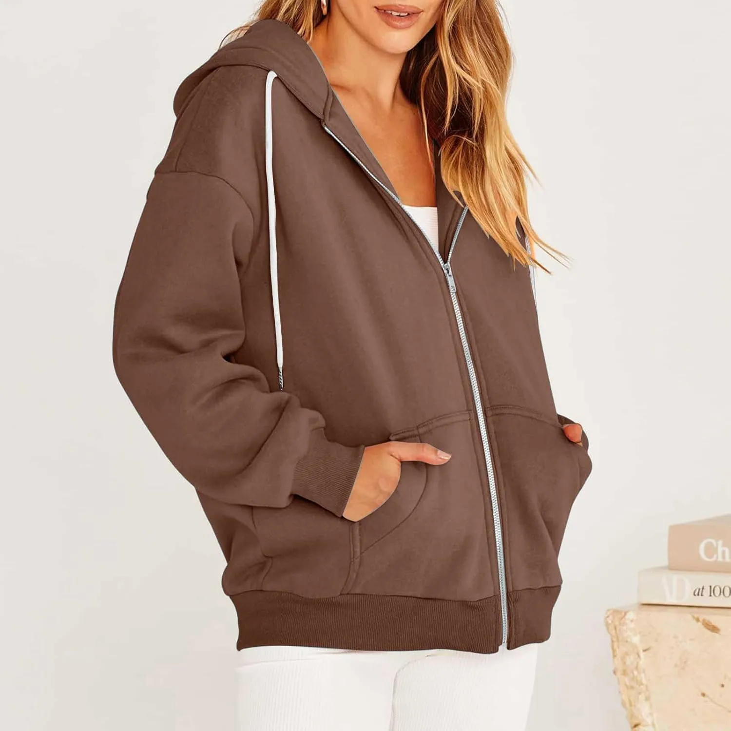 Womens Zip Up y2k Hoodies Fall Fashion Oversized Long Sleeve Hooded Sweatshirt Casual Lightweight Jacket With Pockets