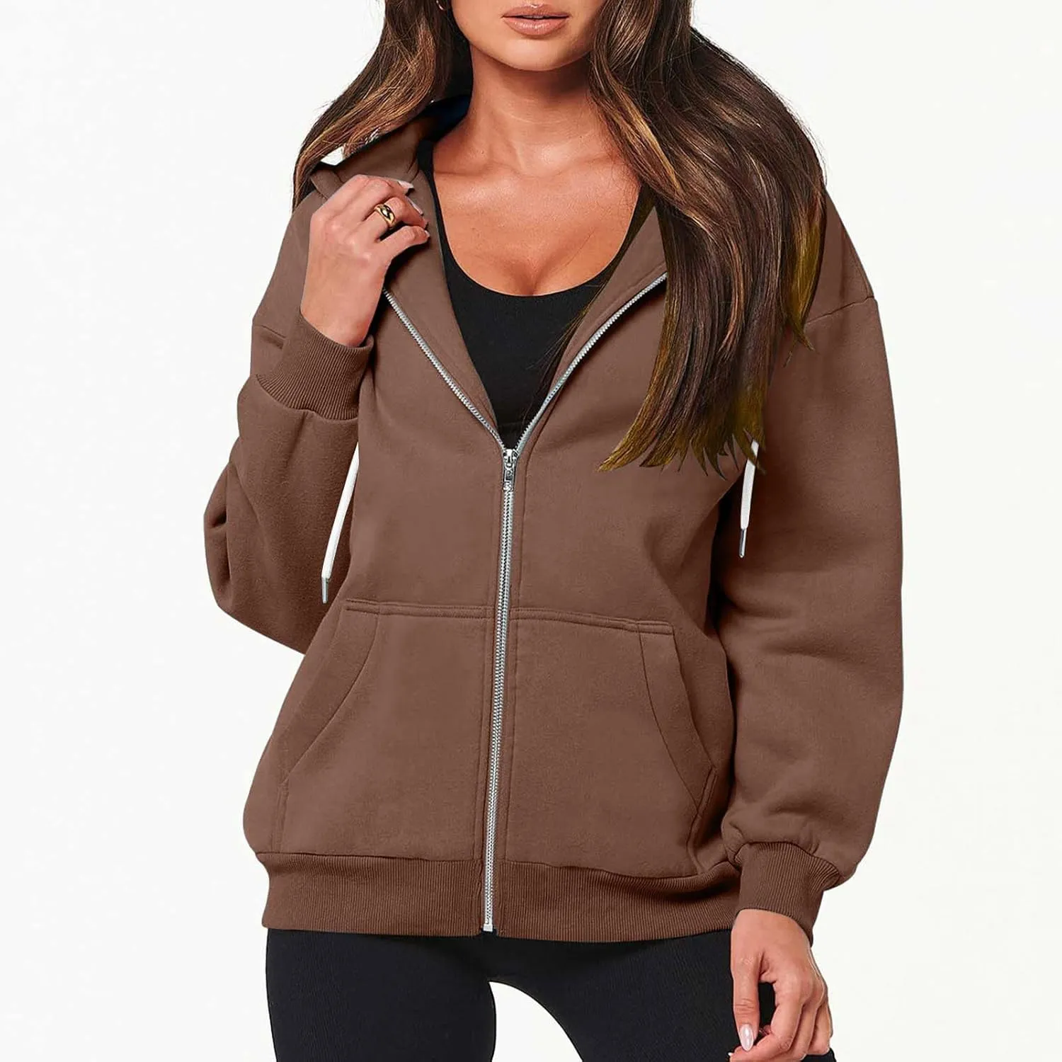 Womens Zip Up y2k Hoodies Fall Fashion Oversized Long Sleeve Hooded Sweatshirt Casual Lightweight Jacket With Pockets