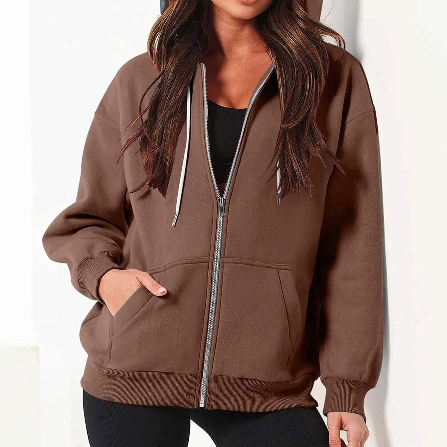 Womens Zip Up y2k Hoodies Fall Fashion Oversized Long Sleeve Hooded Sweatshirt Casual Lightweight Jacket With Pockets