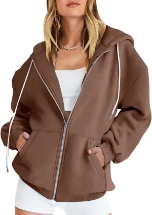 Womens Zip Up y2k Hoodies Fall Fashion Oversized Long Sleeve Hooded Sweatshirt Casual Lightweight Jacket With Pockets