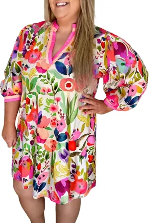 XAKALAKA Women's Summer Plus Size Floral Print V Neck Balloon Sleeve Mini Dress Daily Casual V Neck Dresses
