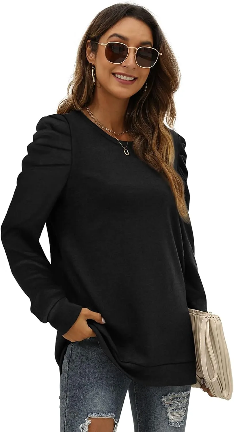 XIEERDUO Women's Crewneck Sweatshirts Trendy Puff Sleeve Tunic Sweaters Fall Clothes Loose Fit