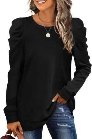 XIEERDUO Women's Crewneck Sweatshirts Trendy Puff Sleeve Tunic Sweaters Fall Clothes Loose Fit