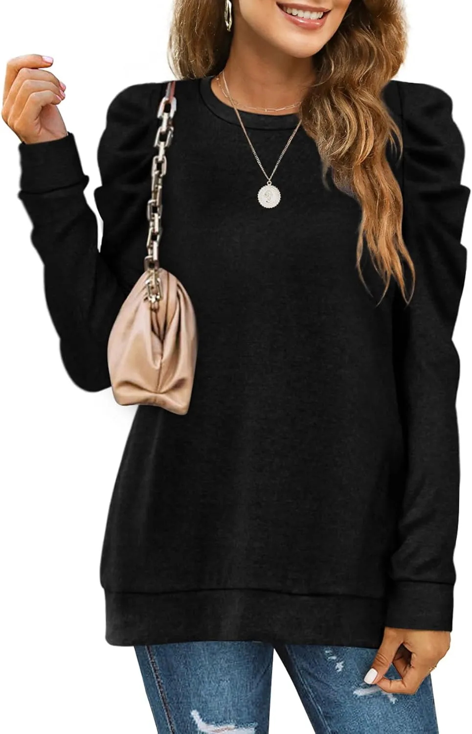 XIEERDUO Women's Crewneck Sweatshirts Trendy Puff Sleeve Tunic Sweaters Fall Clothes Loose Fit