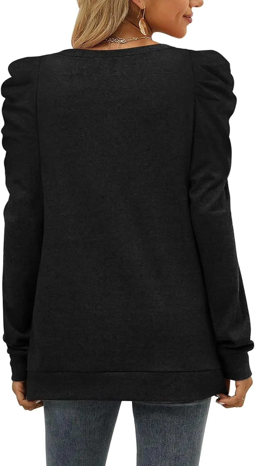 XIEERDUO Women's Crewneck Sweatshirts Trendy Puff Sleeve Tunic Sweaters Fall Clothes Loose Fit