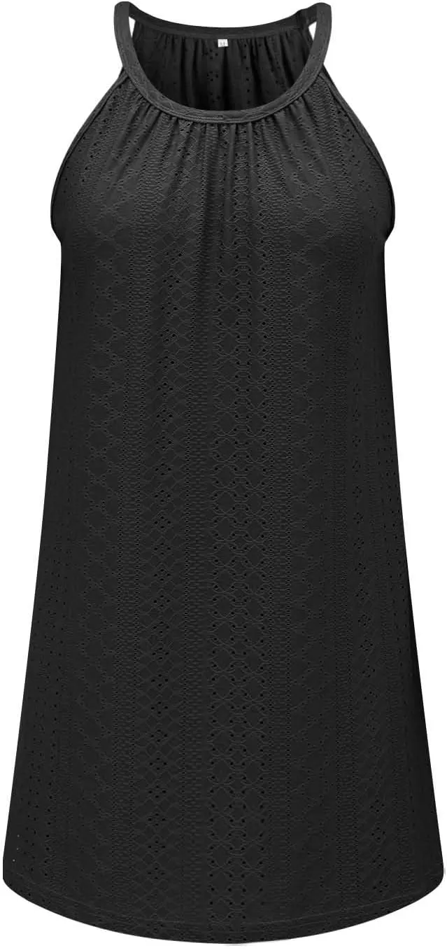 XOWRTE Summer Dresses for Women 2025 Casual Fashion Plain/Eyelet Halter Neck A-line Sundresses for Beach Vacation Mini Dress
