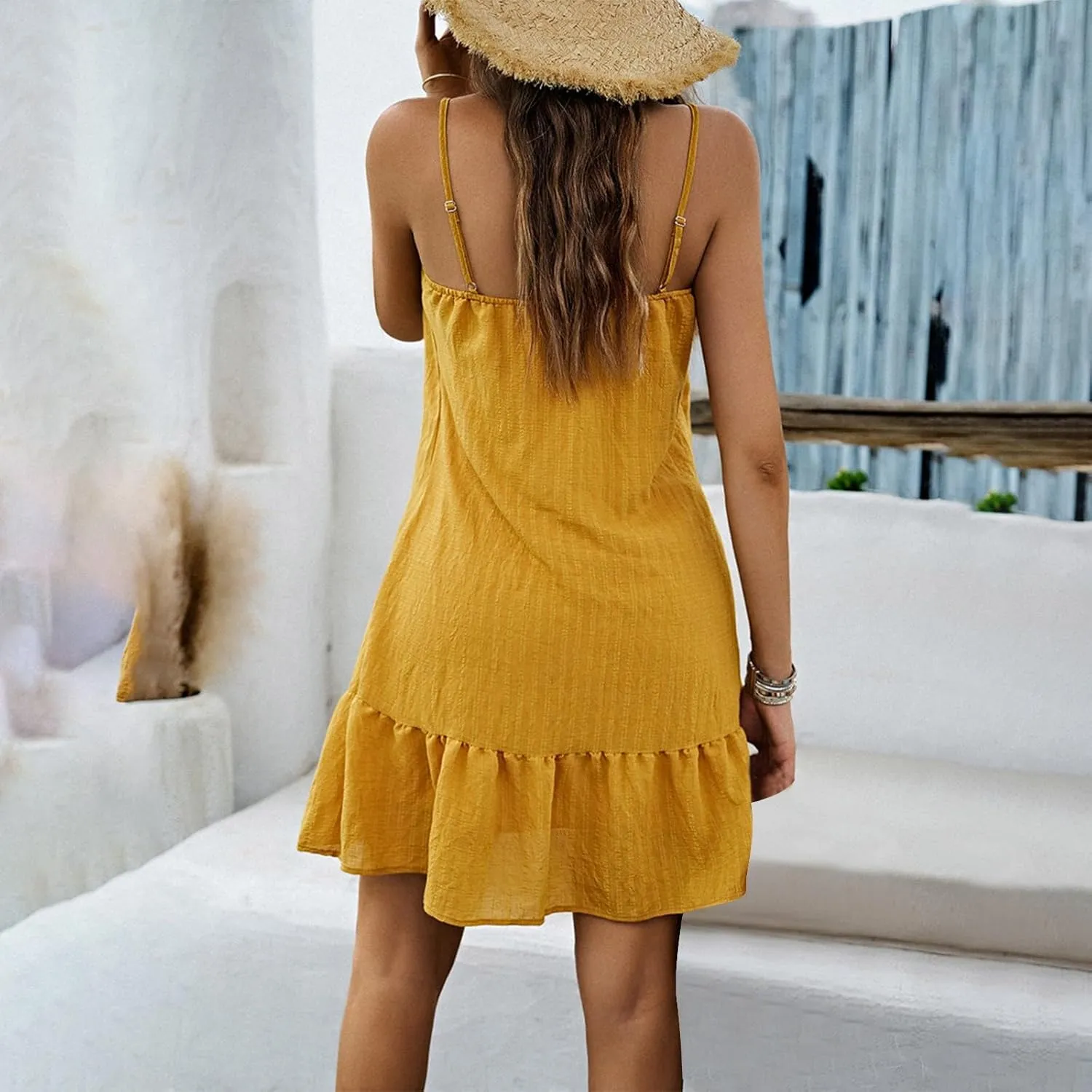 XOWRTE Summer Dresses for Women 2025 Vacation Spaghetti Strap V Neck Mini T Shirt Dress Pleated Ruffle Flowy Beach Sundresses