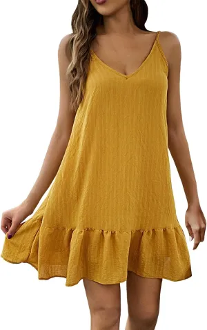 XOWRTE Summer Dresses for Women 2025 Vacation Spaghetti Strap V Neck Mini T Shirt Dress Pleated Ruffle Flowy Beach Sundresses