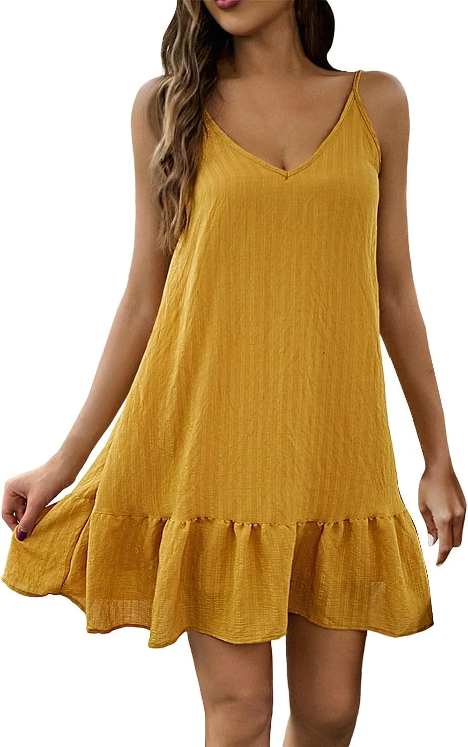 XOWRTE Summer Dresses for Women 2025 Vacation Spaghetti Strap V Neck Mini T Shirt Dress Pleated Ruffle Flowy Beach Sundresses