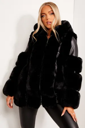 Yasmin Black Faux Fur PU Longline Coat