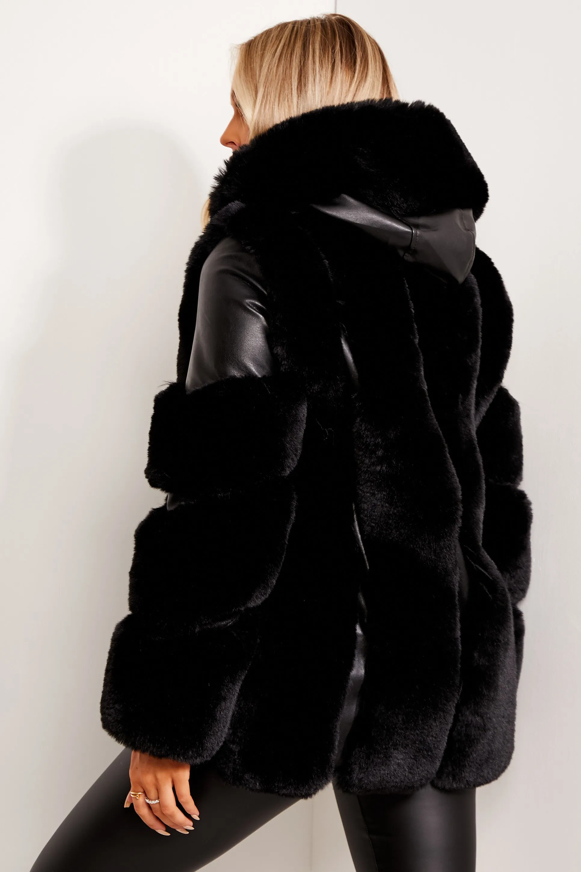 Yasmin Black Faux Fur PU Longline Coat